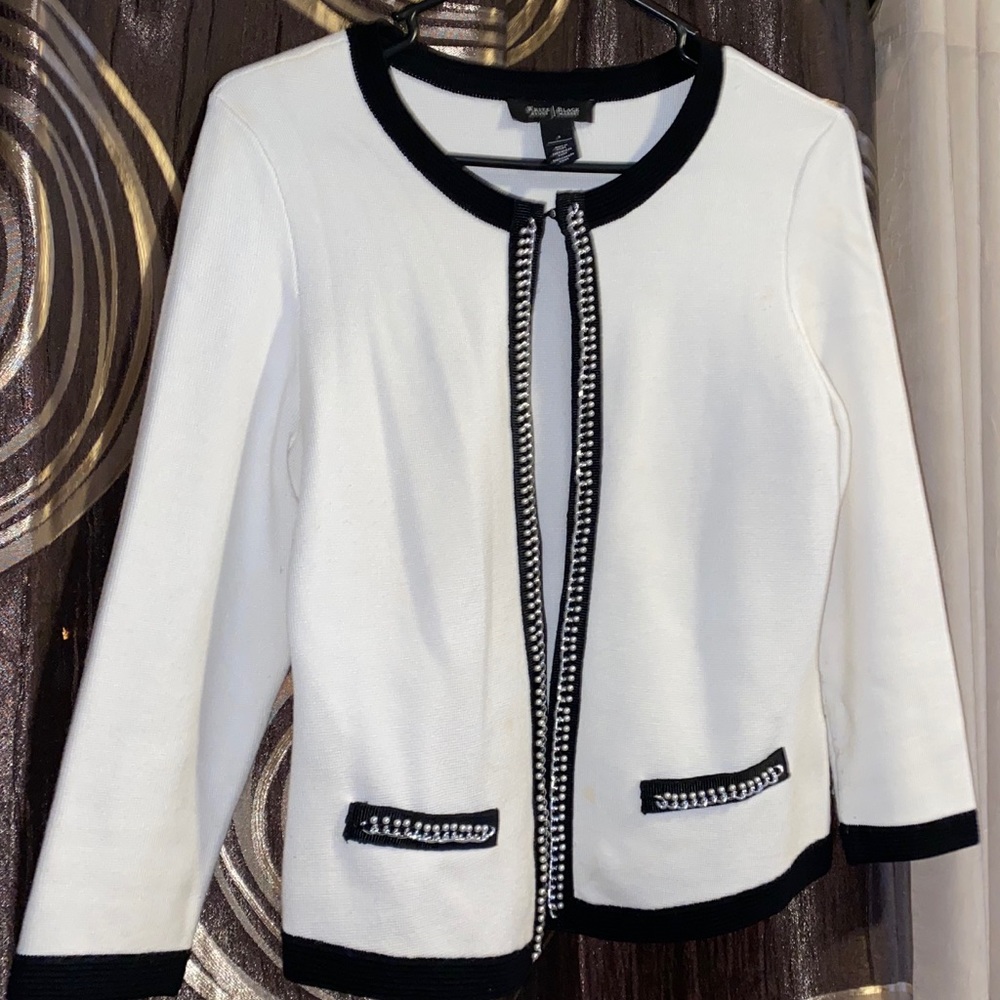 White Cardigan with black trim